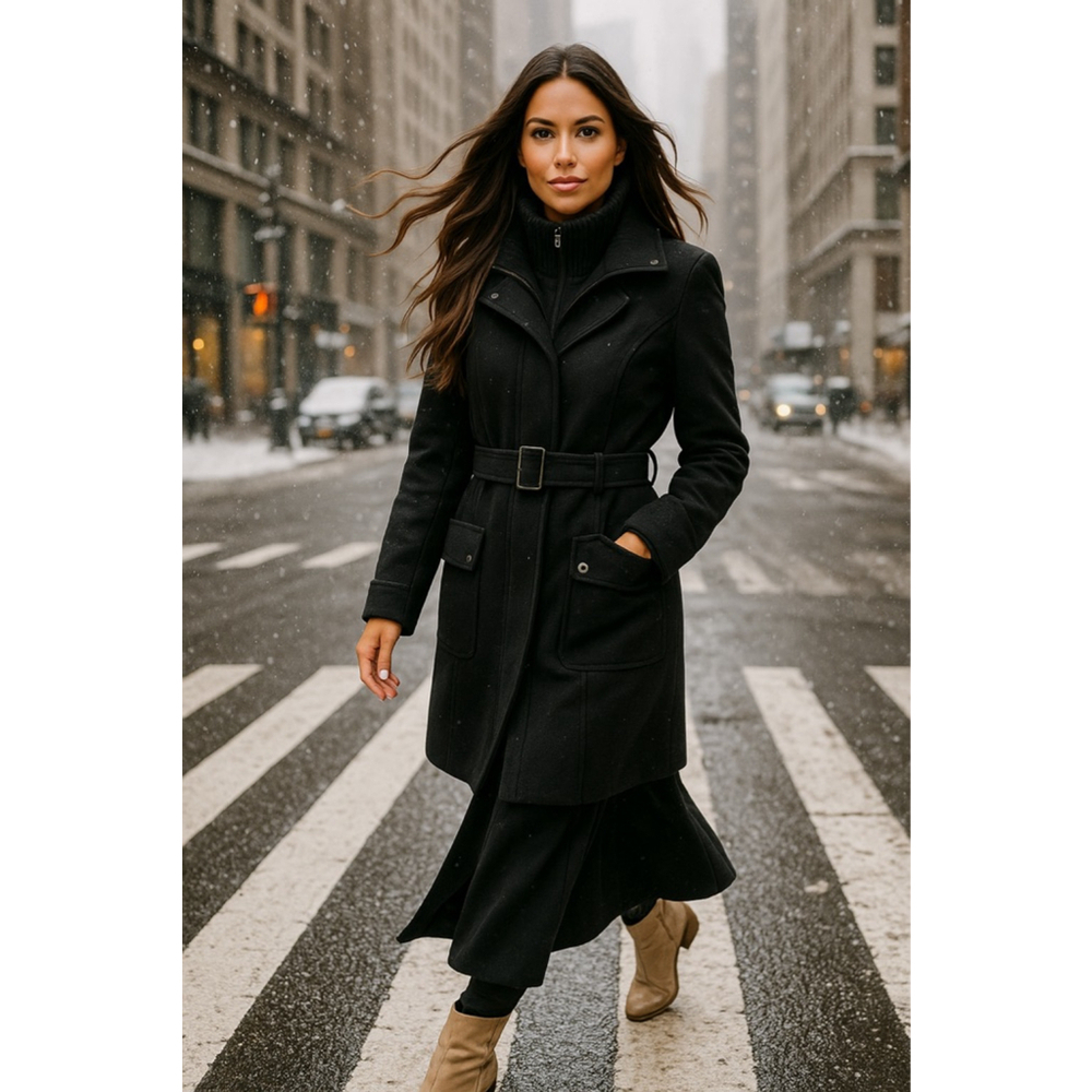 Calvin Klein Wool Winter Coat Belted Zip-Up Black Parisian City Classic Preppy 2